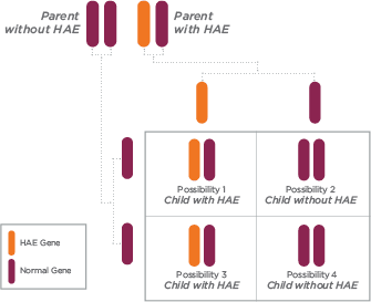 Punnett square depicting the chances of inheriting HAE based on whether parents have HAE or not.